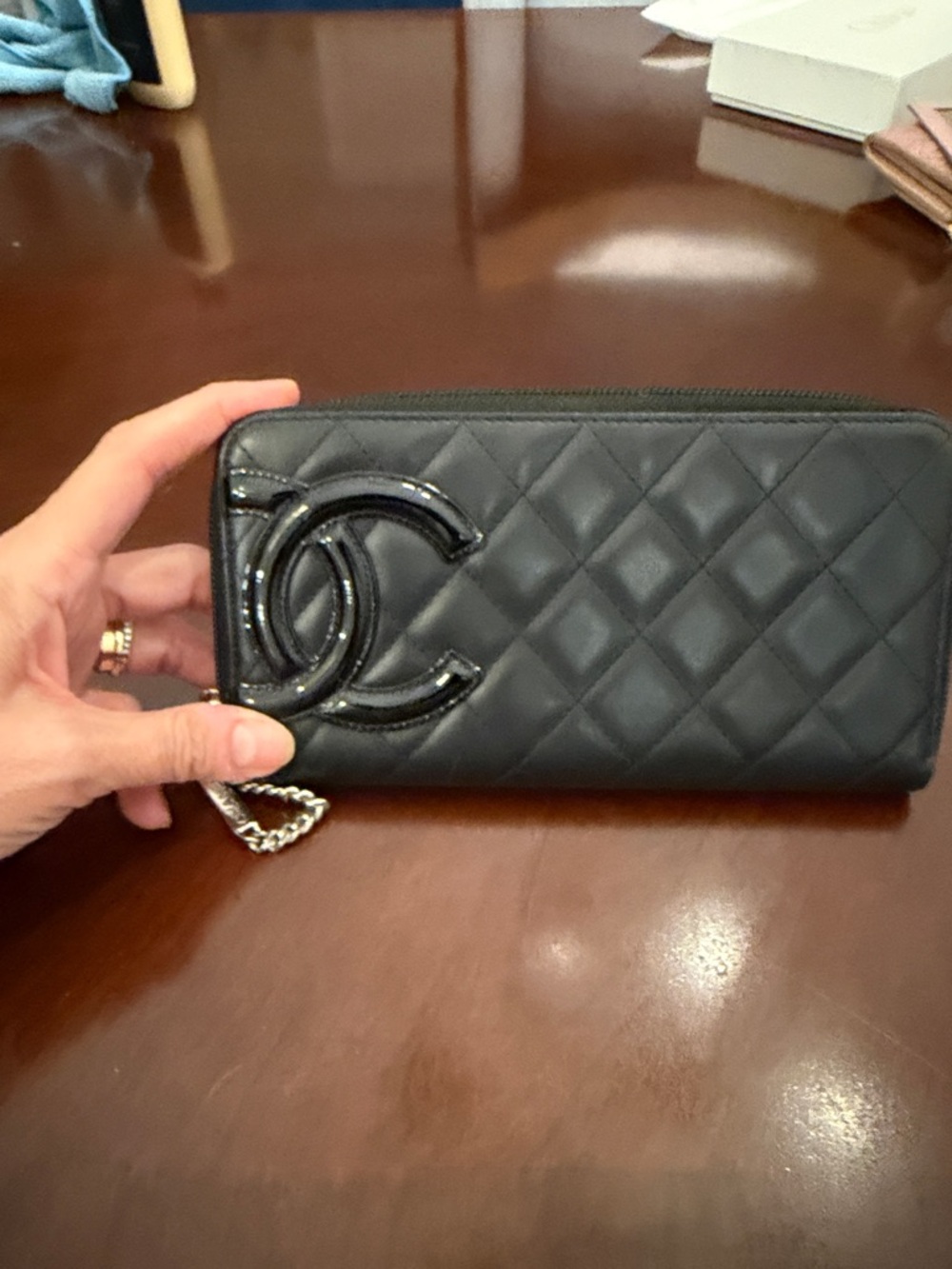 CHANEL Black Quilted Zip-Around Wallet with Patent CC